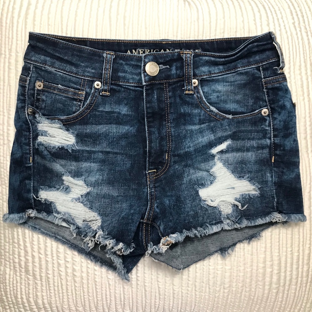 high wasted stretch distressed dark jean shorts